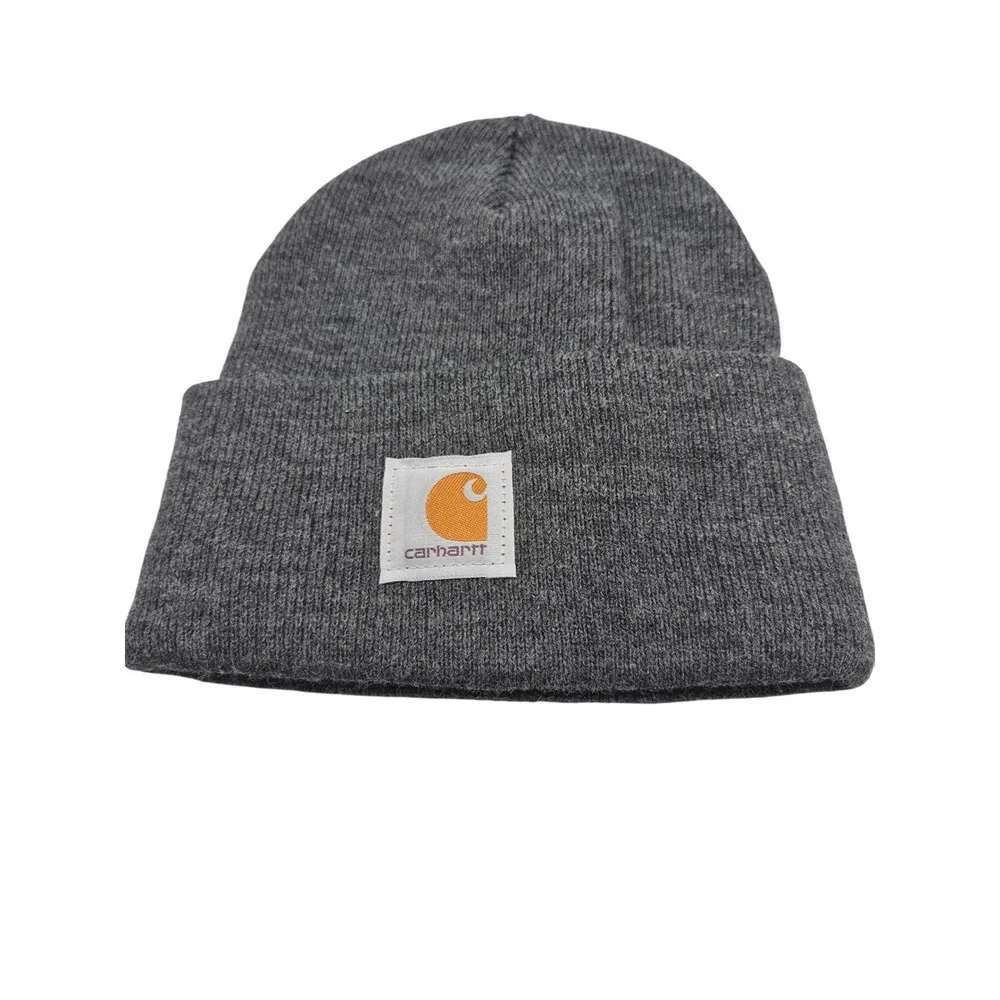 Carhartt Knit Beanie Hat Gray Cuffed Logo Patch Men's